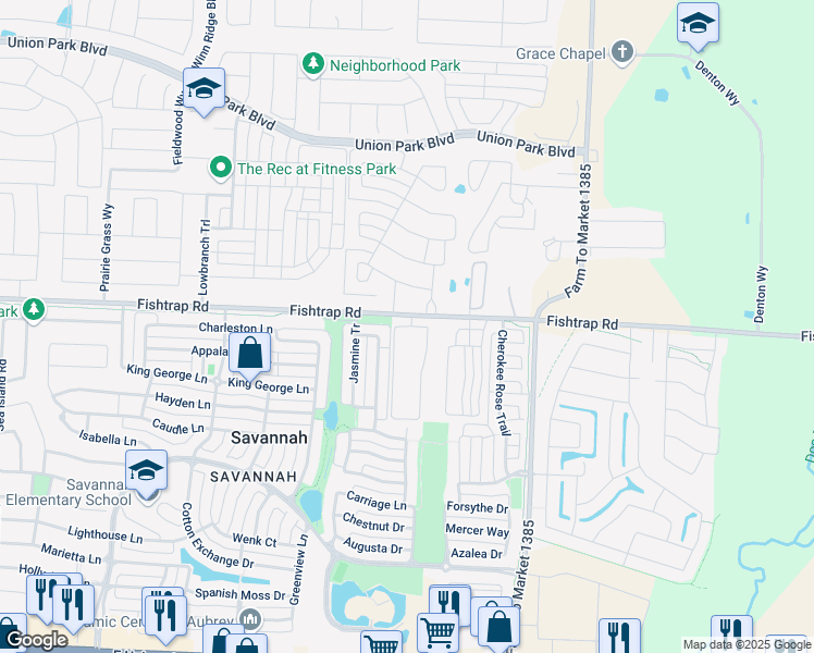 map of restaurants, bars, coffee shops, grocery stores, and more near 14864 Fishtrap Road in Aubrey