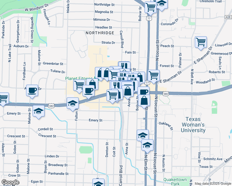map of restaurants, bars, coffee shops, grocery stores, and more near 416 West University Drive in Denton
