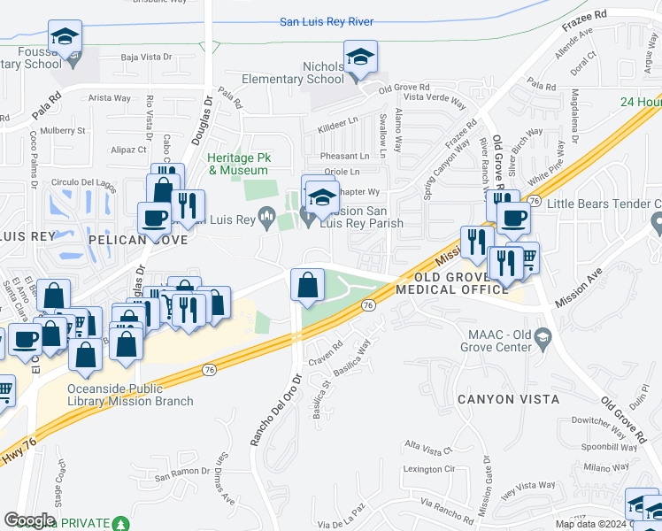 map of restaurants, bars, coffee shops, grocery stores, and more near 4128 Mission Avenue in Oceanside