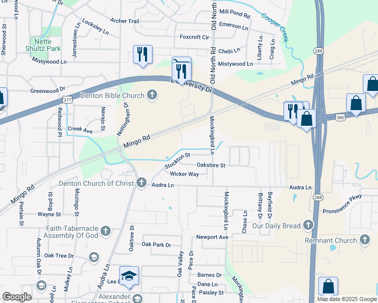 map of restaurants, bars, coffee shops, grocery stores, and more near 2921 Stockton Street in Denton