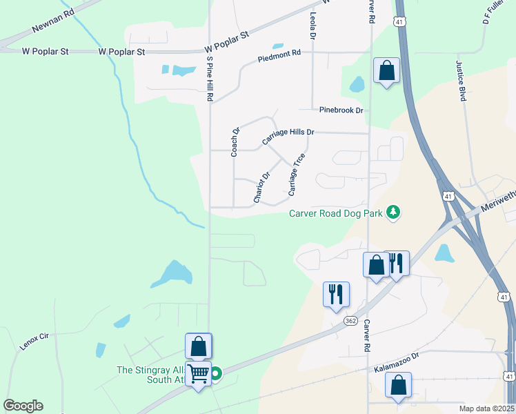 map of restaurants, bars, coffee shops, grocery stores, and more near 142 Carriage Trce in Griffin