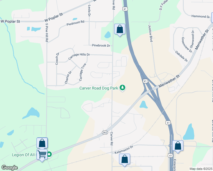 map of restaurants, bars, coffee shops, grocery stores, and more near 50 Ashford Way in Griffin