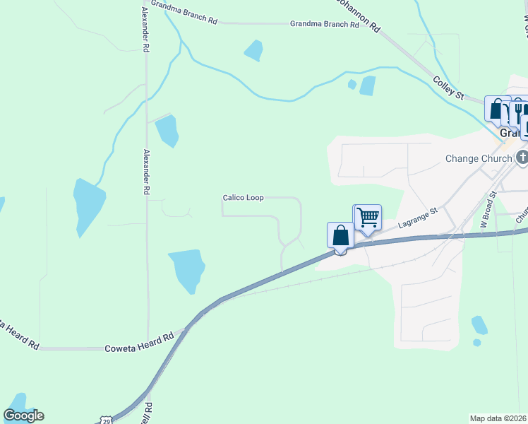 map of restaurants, bars, coffee shops, grocery stores, and more near 130 Calico Loop in Grantville