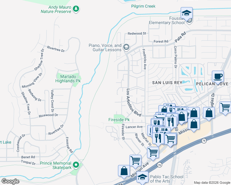 map of restaurants, bars, coffee shops, grocery stores, and more near 3433 Orchard Way in Oceanside