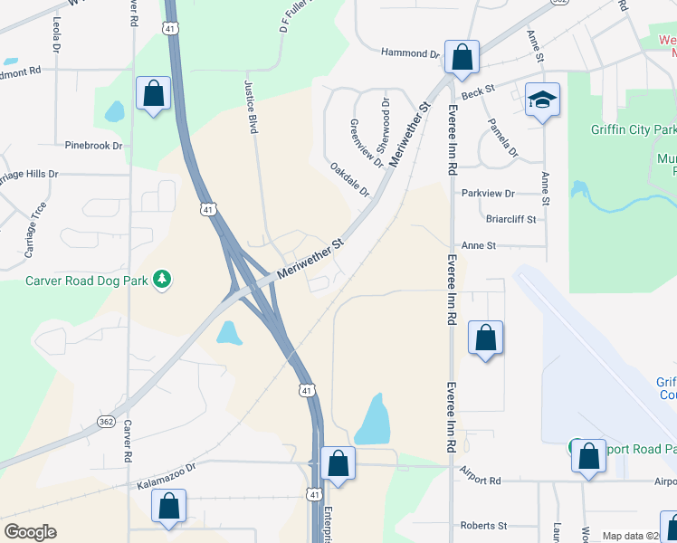 map of restaurants, bars, coffee shops, grocery stores, and more near 1456 Williamson Road in Griffin