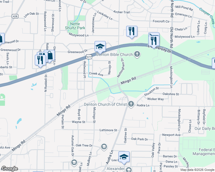 map of restaurants, bars, coffee shops, grocery stores, and more near 1914 Kiowa in Denton