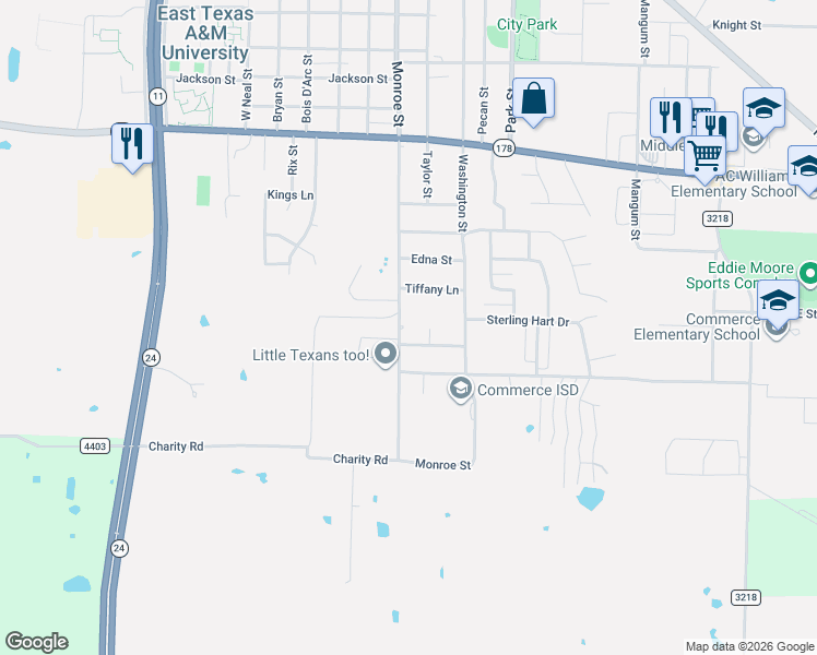 map of restaurants, bars, coffee shops, grocery stores, and more near 2908 Monroe St in Commerce