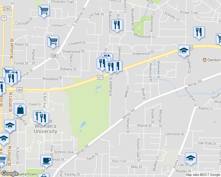 map of restaurants, bars, coffee shops, grocery stores, and more near 1837 North Ruddell Street in Denton