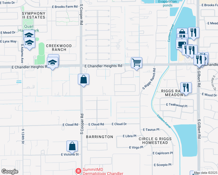 map of restaurants, bars, coffee shops, grocery stores, and more near 13158 East Vía De Palmas in Chandler