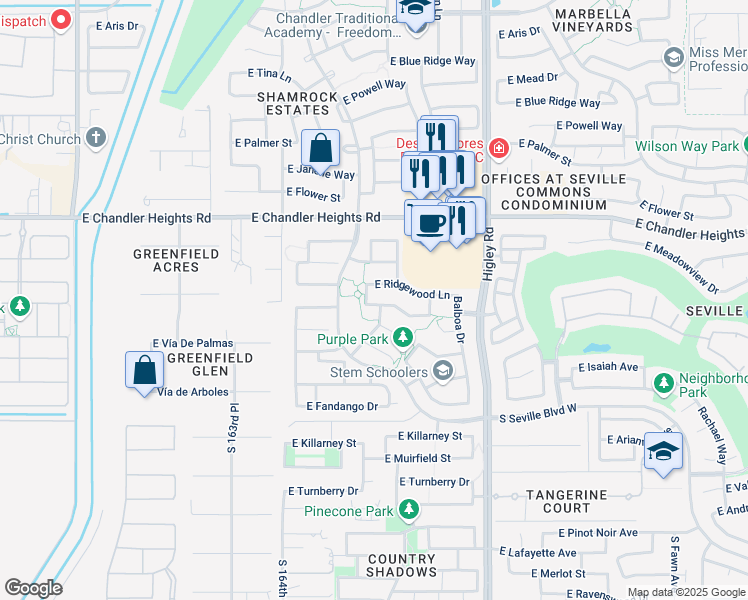 map of restaurants, bars, coffee shops, grocery stores, and more near 2978 East Palmdale Lane in Gilbert