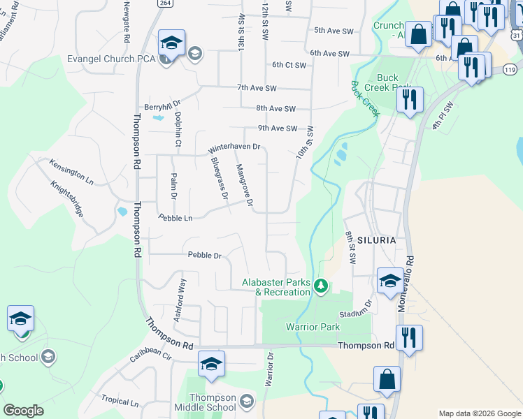 map of restaurants, bars, coffee shops, grocery stores, and more near 101 Winterhaven Dr in Alabaster