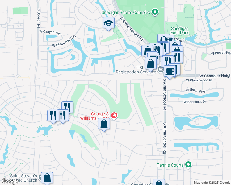 map of restaurants, bars, coffee shops, grocery stores, and more near 10054 East Emerald Drive in Sun Lakes