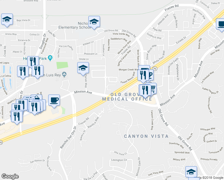 map of restaurants, bars, coffee shops, grocery stores, and more near Mission Ranch Way in Oceanside