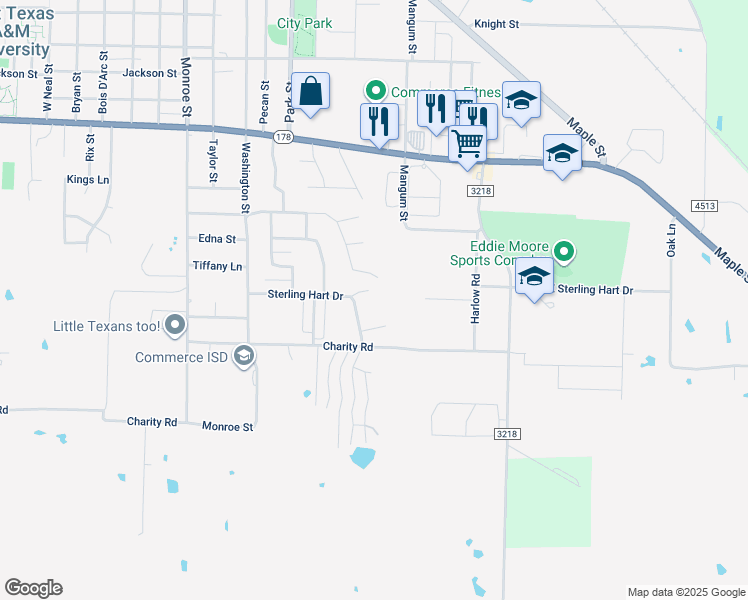 map of restaurants, bars, coffee shops, grocery stores, and more near 2901 Sterling Hart Drive in Commerce