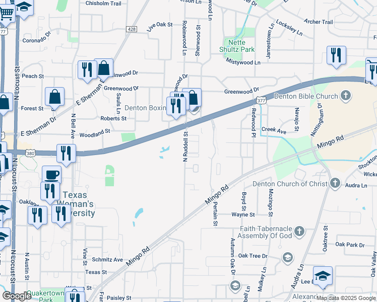 map of restaurants, bars, coffee shops, grocery stores, and more near 1824 North Ruddell Street in Denton