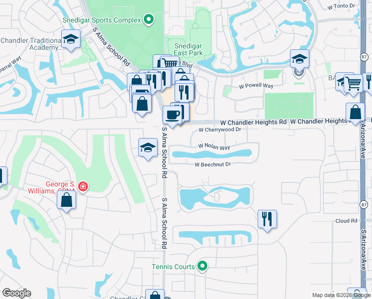 map of restaurants, bars, coffee shops, grocery stores, and more near 933 West Nolan Way in Chandler