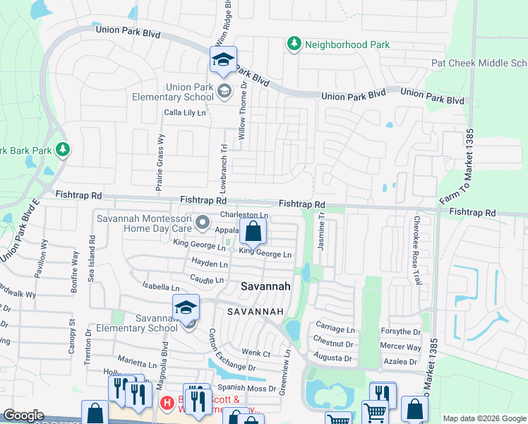 map of restaurants, bars, coffee shops, grocery stores, and more near 1143 Charleston Lane in Denton County