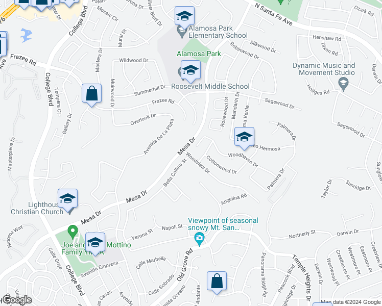 map of restaurants, bars, coffee shops, grocery stores, and more near 1216 Woodview Drive in Oceanside