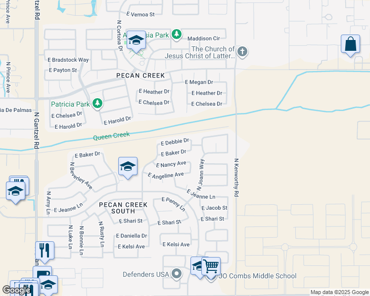 map of restaurants, bars, coffee shops, grocery stores, and more near 1444 East Baker Drive in San Tan Valley