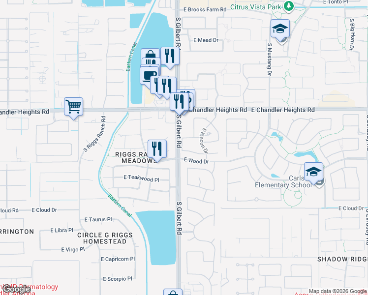 map of restaurants, bars, coffee shops, grocery stores, and more near 3020 East Mahogany Place in Chandler