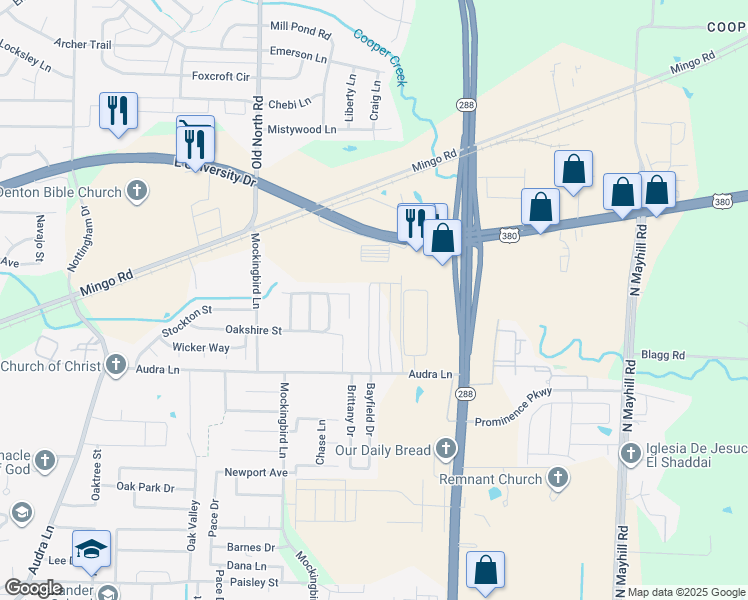 map of restaurants, bars, coffee shops, grocery stores, and more near 1404 Bayfield Drive in Denton