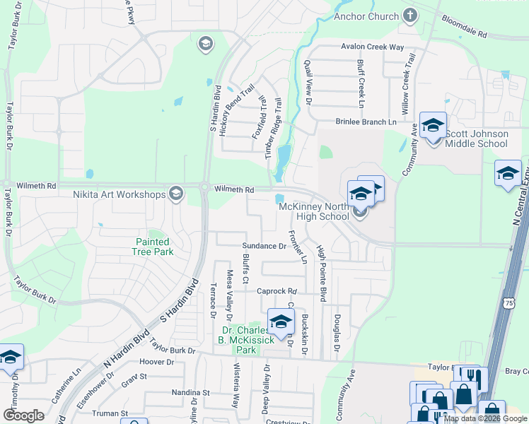 map of restaurants, bars, coffee shops, grocery stores, and more near 2825 Cliffview Drive in McKinney