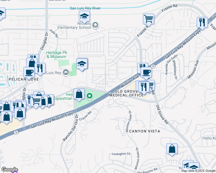 map of restaurants, bars, coffee shops, grocery stores, and more near 4254 Mission Ranch Way in Oceanside