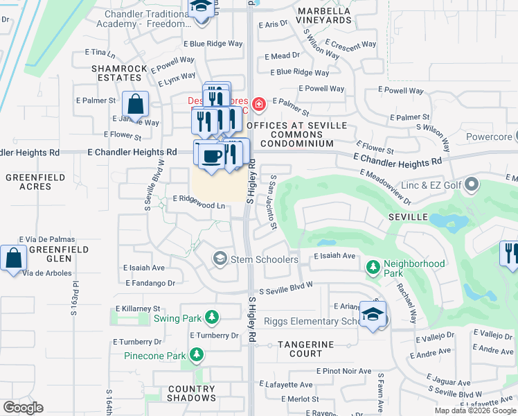 map of restaurants, bars, coffee shops, grocery stores, and more near 3225 East Ridgewood Lane in Gilbert