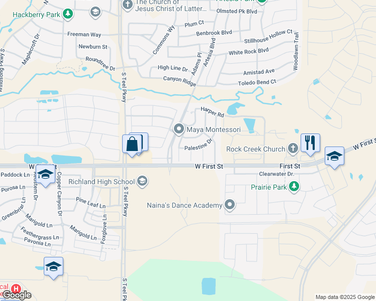 map of restaurants, bars, coffee shops, grocery stores, and more near 1321 Corona Court in Prosper