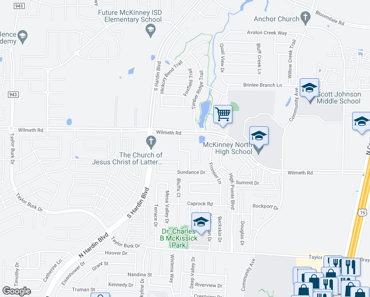 map of restaurants, bars, coffee shops, grocery stores, and more near 2812 Arbury Drive in McKinney