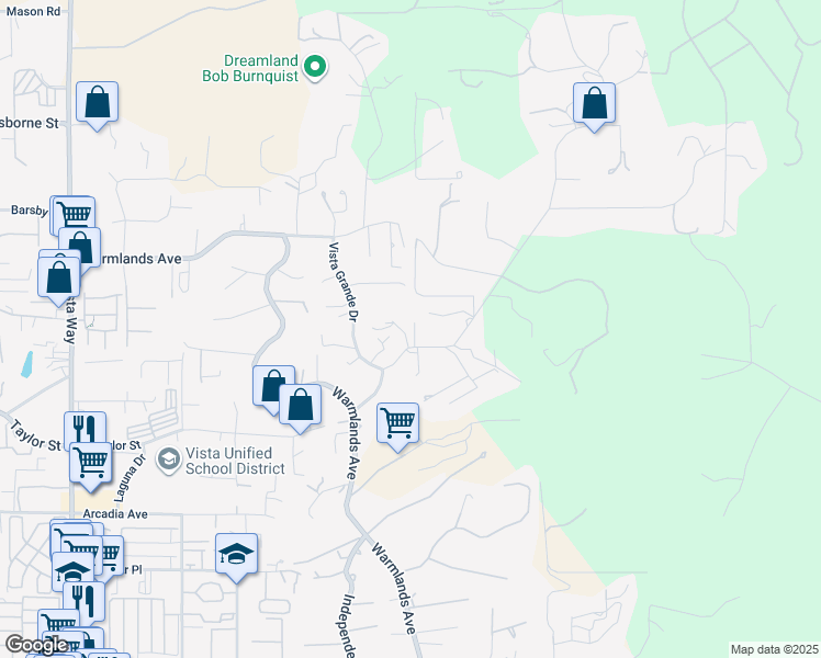 map of restaurants, bars, coffee shops, grocery stores, and more near 1650 Elevado Road in Vista