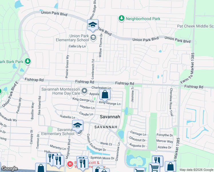map of restaurants, bars, coffee shops, grocery stores, and more near 1143 Charleston Lane in Denton County