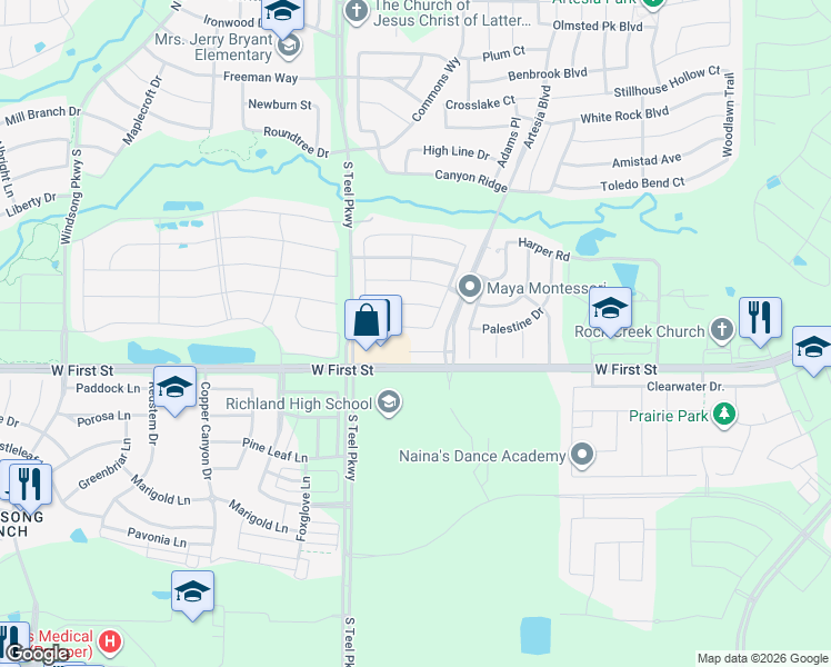 map of restaurants, bars, coffee shops, grocery stores, and more near 16012 Aquilla Way in Prosper
