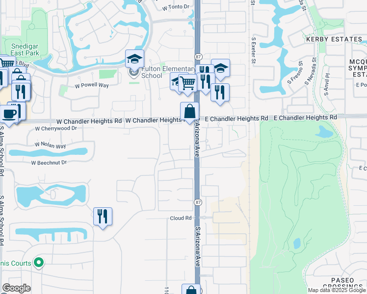 map of restaurants, bars, coffee shops, grocery stores, and more near 120 West Beechnut Place in Chandler