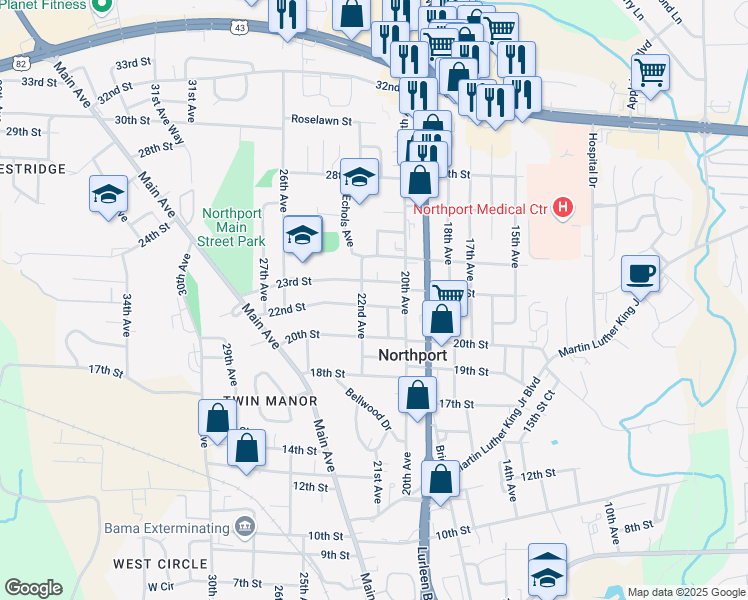 map of restaurants, bars, coffee shops, grocery stores, and more near 2112 22nd Street in Northport