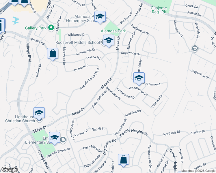 map of restaurants, bars, coffee shops, grocery stores, and more near 1201 Woodhaven Drive in Oceanside