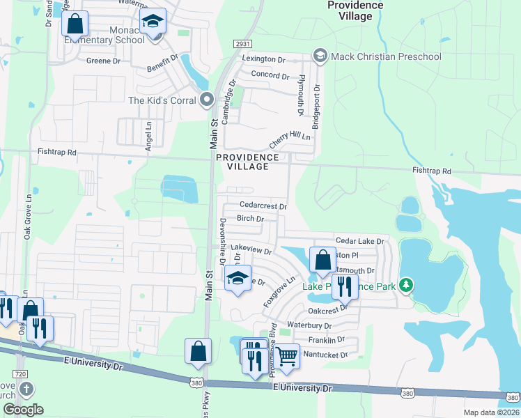 map of restaurants, bars, coffee shops, grocery stores, and more near 9870 Cedarcrest Drive in Denton County
