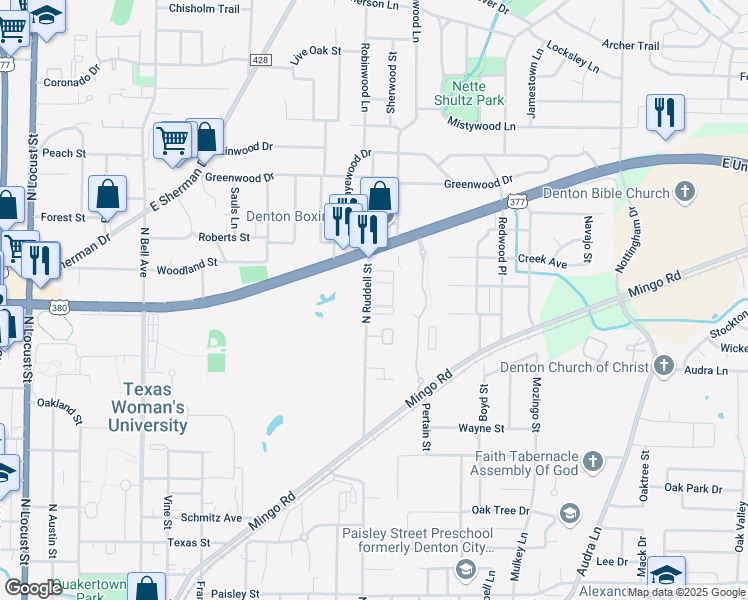 map of restaurants, bars, coffee shops, grocery stores, and more near 1824 North Ruddell Street in Denton