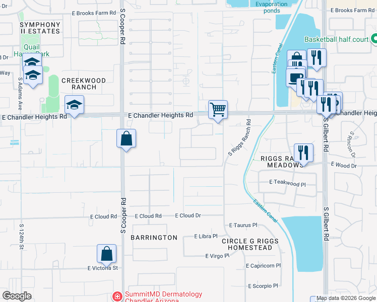 map of restaurants, bars, coffee shops, grocery stores, and more near 2305 East Beechnut Place in Chandler