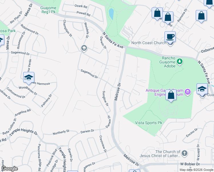 map of restaurants, bars, coffee shops, grocery stores, and more near 1208 Sunglow Drive in Oceanside