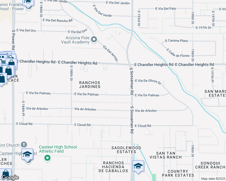 map of restaurants, bars, coffee shops, grocery stores, and more near 19038 East Vía De Palmas in Queen Creek