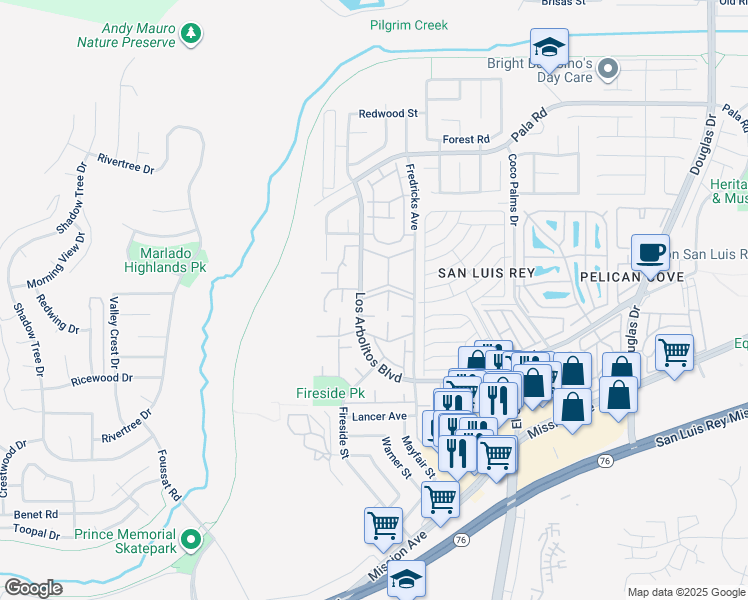 map of restaurants, bars, coffee shops, grocery stores, and more near 550 Los Arbolitos Boulevard in Oceanside