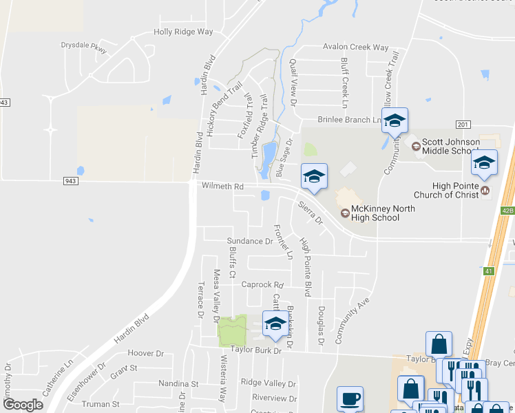 map of restaurants, bars, coffee shops, grocery stores, and more near 2825 Cliffview Drive in McKinney