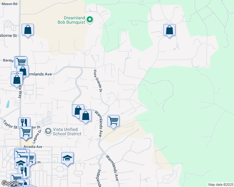 map of restaurants, bars, coffee shops, grocery stores, and more near 1650 Elevado Road in Vista