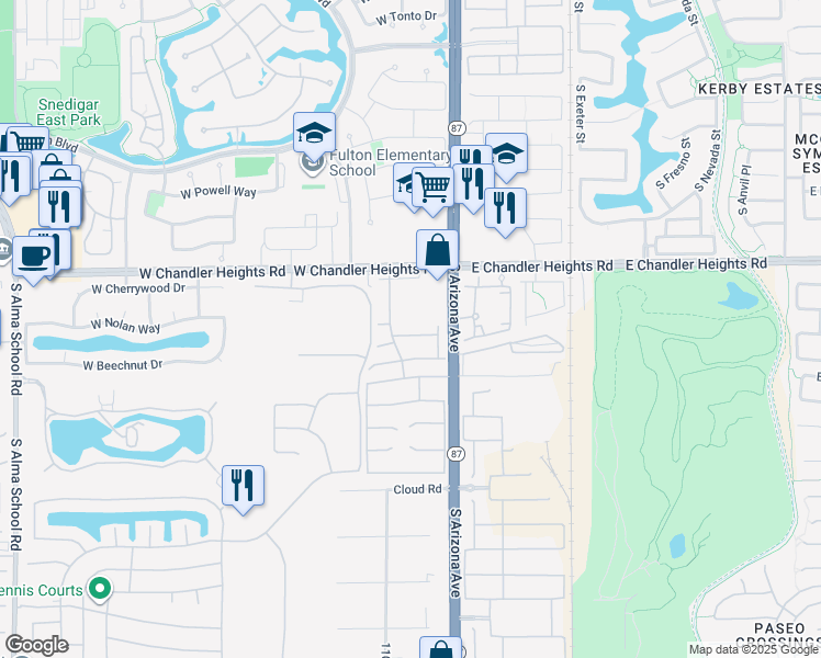 map of restaurants, bars, coffee shops, grocery stores, and more near 120 West Beechnut Place in Chandler
