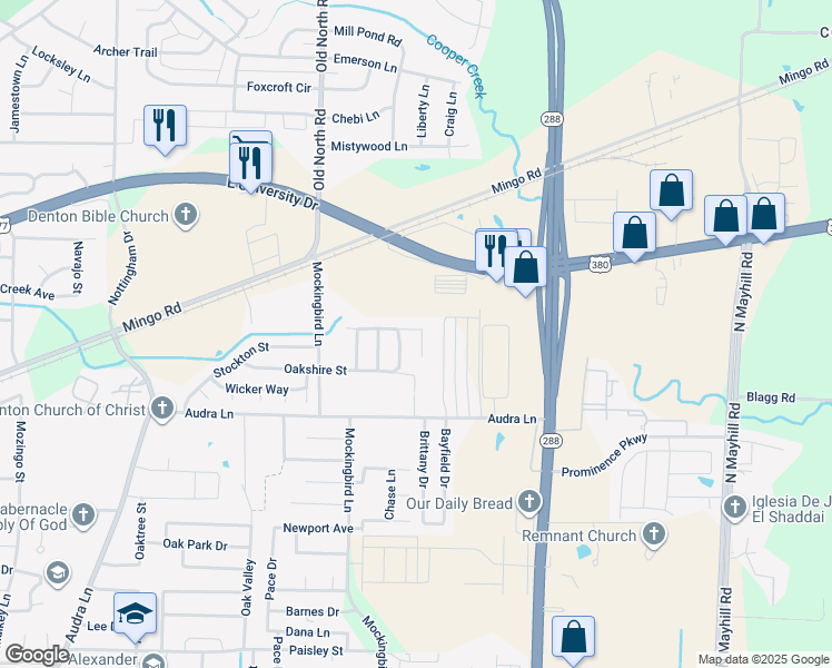 map of restaurants, bars, coffee shops, grocery stores, and more near 1425 Brandywine Circle in Denton