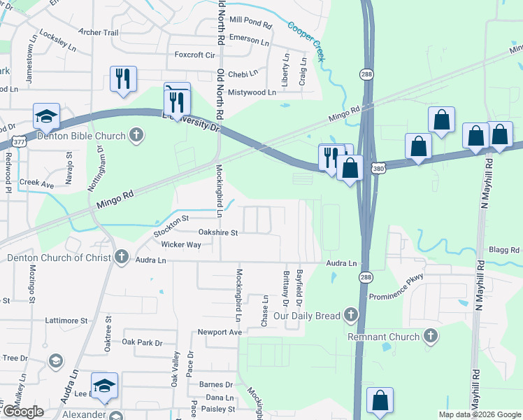map of restaurants, bars, coffee shops, grocery stores, and more near 1424 Copper Ridge Street in Denton