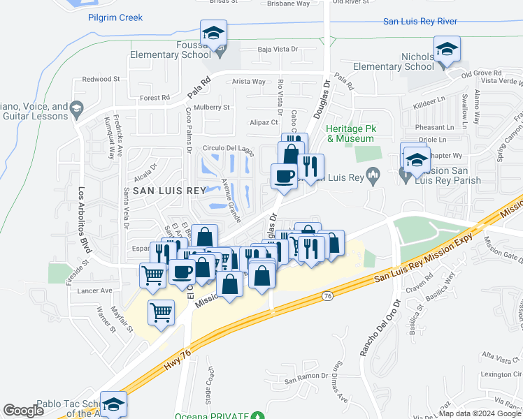 map of restaurants, bars, coffee shops, grocery stores, and more near 4 Island Way in Oceanside