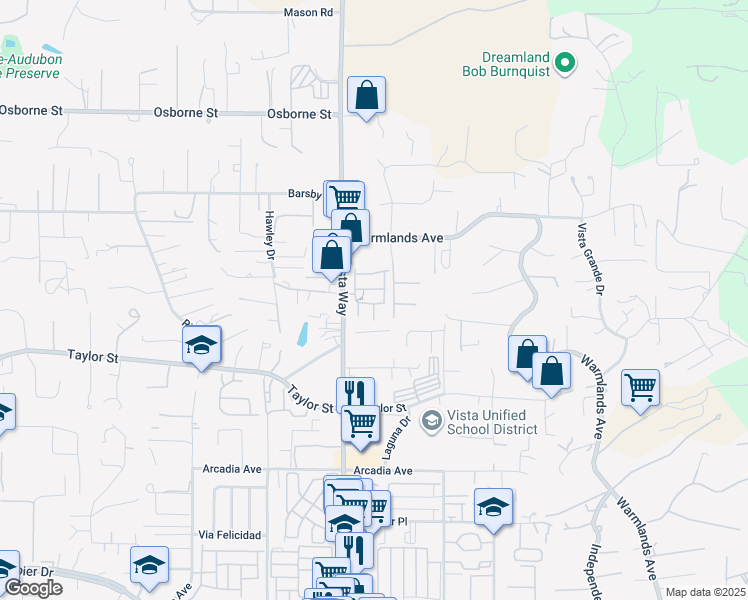 map of restaurants, bars, coffee shops, grocery stores, and more near 1132 Cherry Tree Lane in Vista