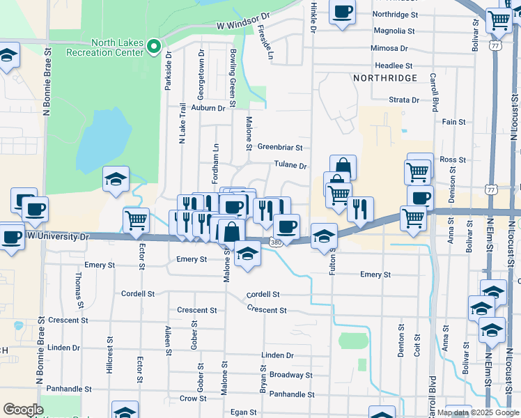 map of restaurants, bars, coffee shops, grocery stores, and more near 1317 Amherst Drive in Denton
